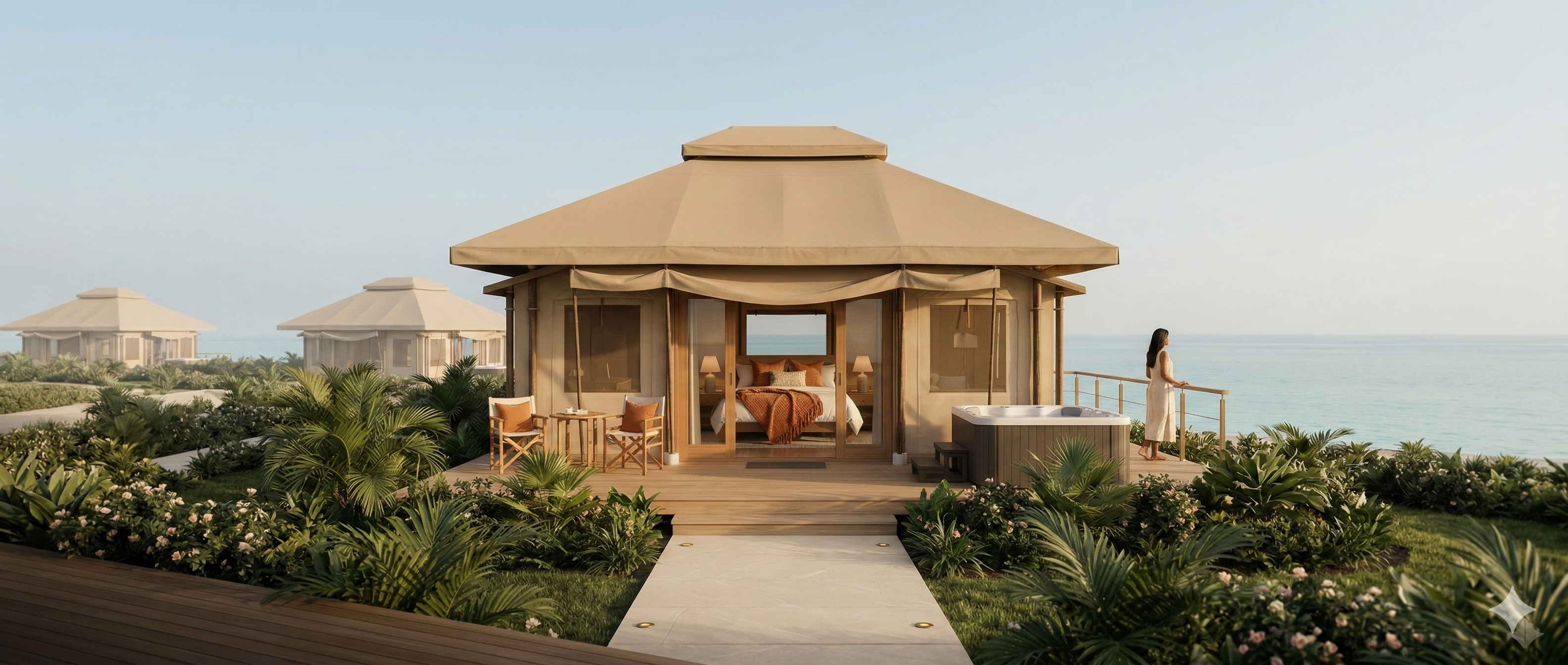 Luxury safari tent golden hour