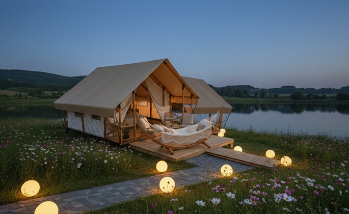 luxury studio safari tent | swiss hut shape glamping tent