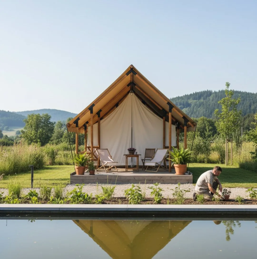 luxury studio safari tent | swiss hut shape glamping tent