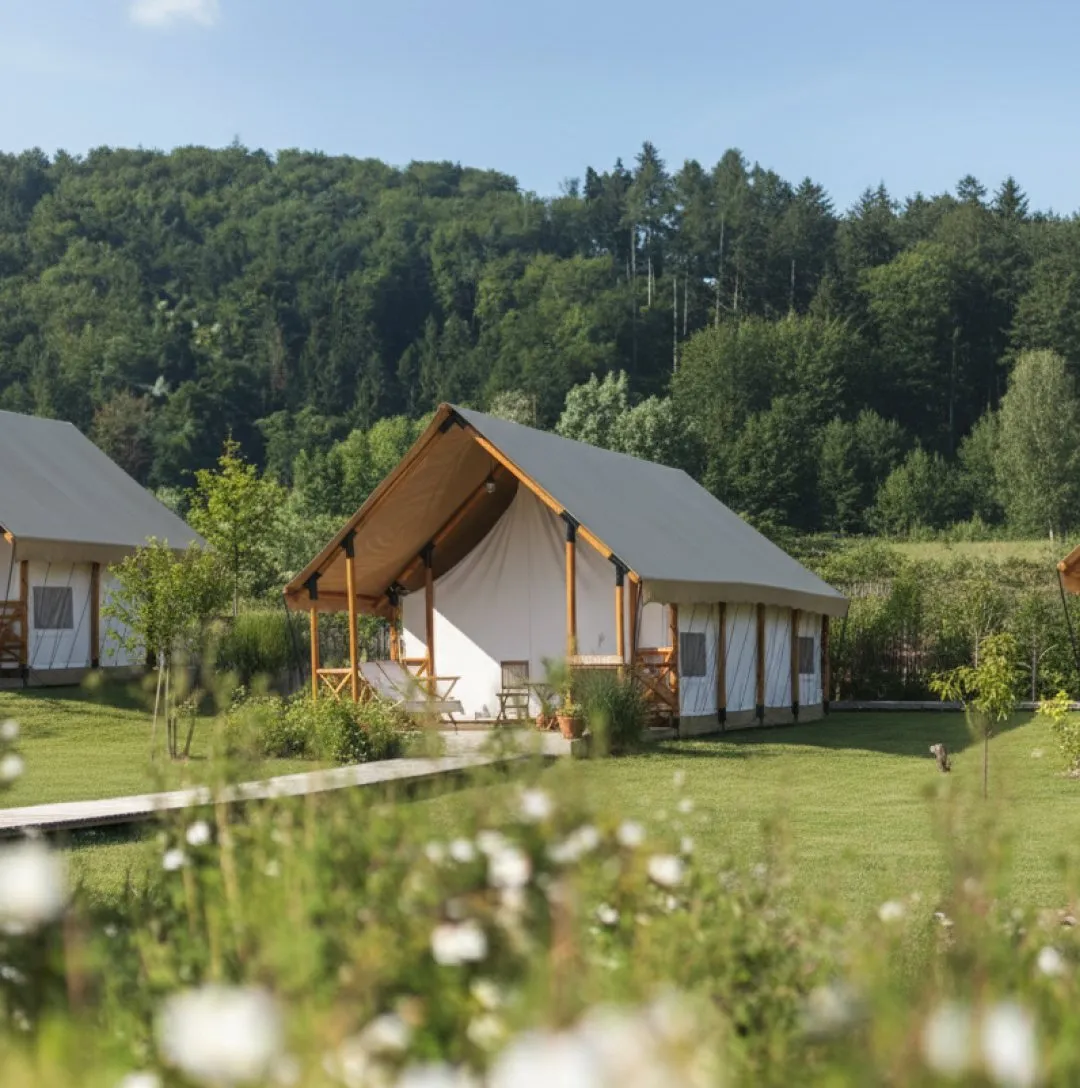 luxury studio safari tent | swiss hut shape glamping tent