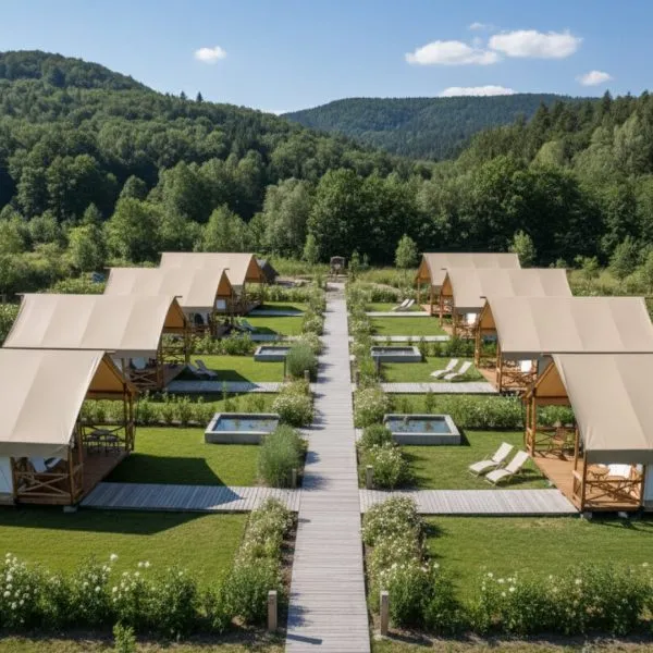 luxury studio safari tent | swiss hut shape glamping tent