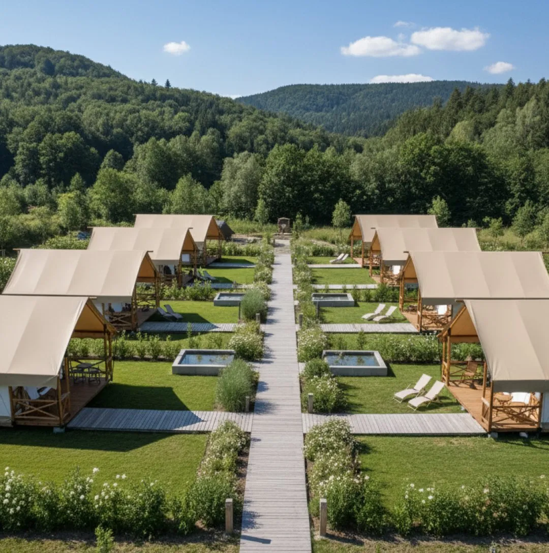 luxury studio safari tent | swiss hut shape glamping tent