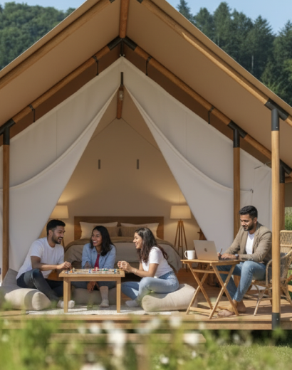 luxury studio safari tent | swiss hut shape glamping tent