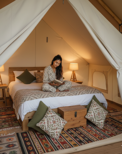 luxury studio safari tent | swiss hut shape glamping tent
