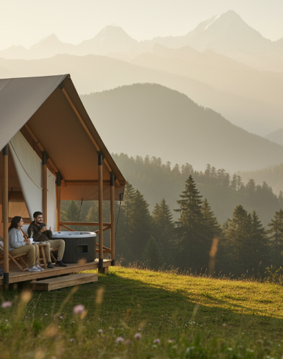 luxury studio safari tent | swiss hut shape glamping tent