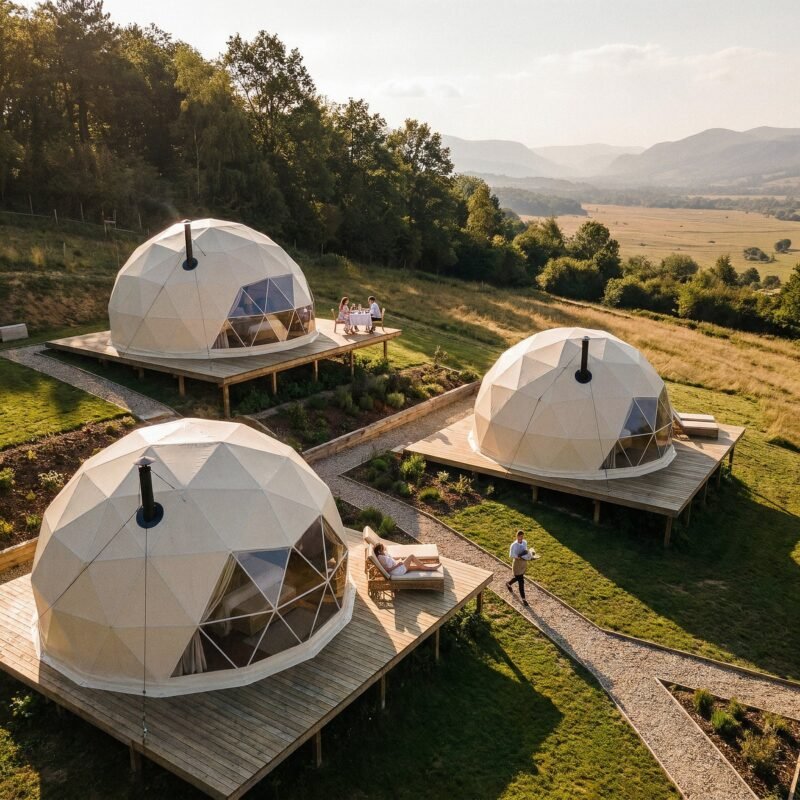 Aerial view of a dome resort on a hillside