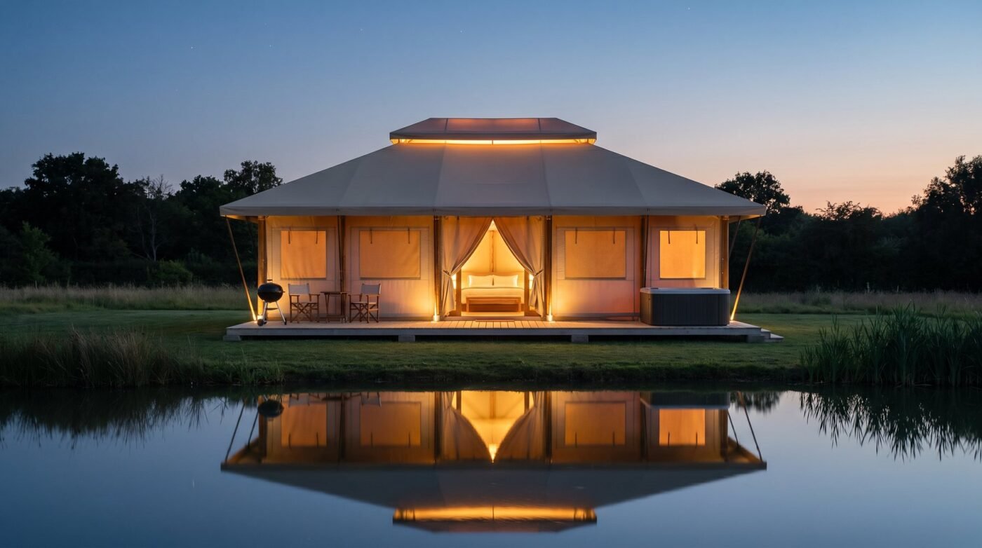 Presidential tent by a lake at blue hour