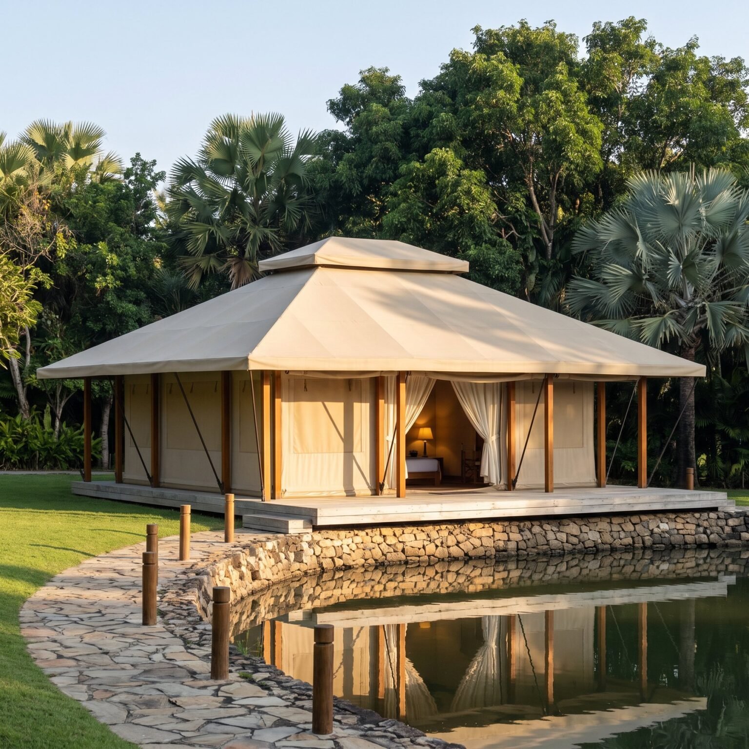 CampKing Presidential tent by a lake at dawn