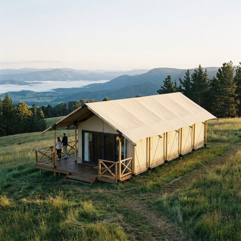 Safari tent on a hillside at golden hour